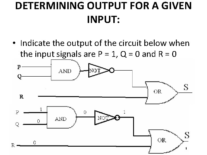 DETERMINING OUTPUT FOR A GIVEN INPUT: • Indicate the output of the circuit below