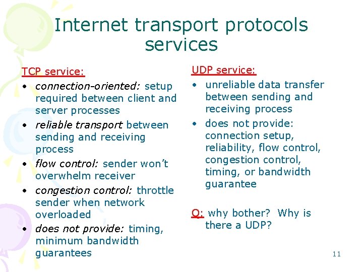 Internet transport protocols services TCP service: • connection-oriented: setup required between client and server