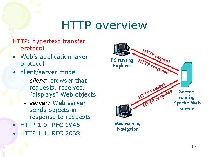 HTTP overview HTTP: hypertext transfer protocol • Web’s application layer protocol • client/server model