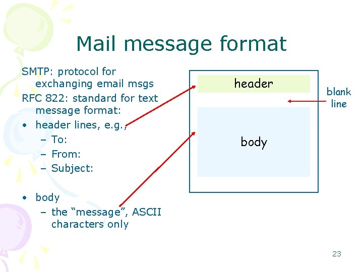 Mail message format SMTP: protocol for exchanging email msgs RFC 822: standard for text