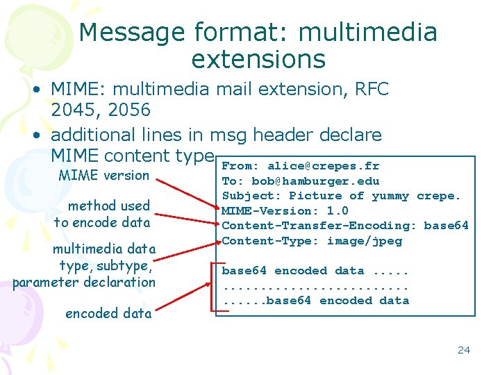 Message format: multimedia extensions • MIME: multimedia mail extension, RFC 2045, 2056 • additional