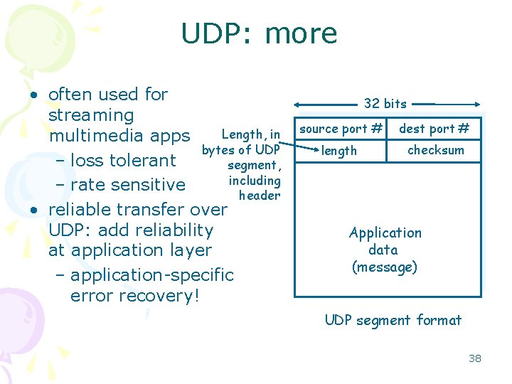 UDP: more • often used for streaming Length, in multimedia apps bytes of UDP