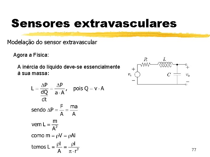 Sensores extravasculares Modelação do sensor extravascular Agora a Física: A inércia do líquido deve-se