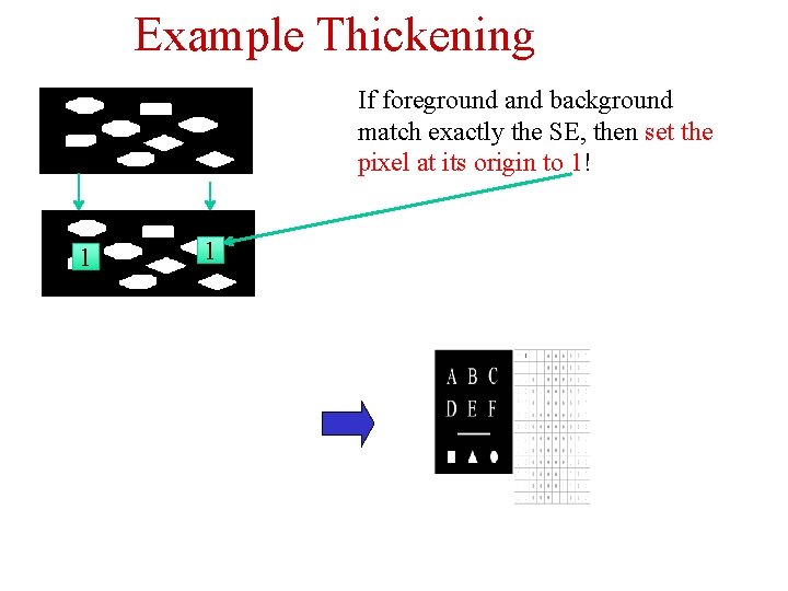 Example Thickening If foreground and background match exactly the SE, then set the pixel