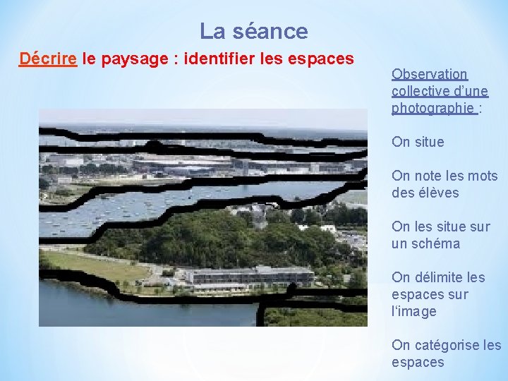 La séance Décrire le paysage : identifier les espaces Observation collective d’une photographie :