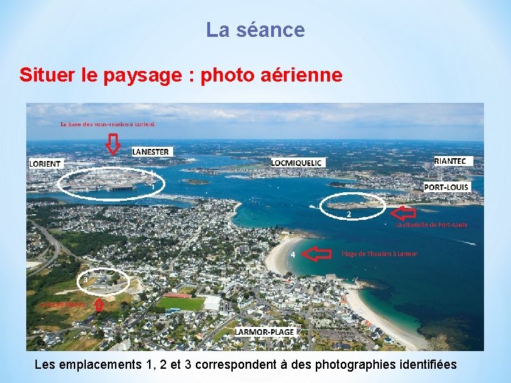 La séance Situer le paysage : photo aérienne Les emplacements 1, 2 et 3