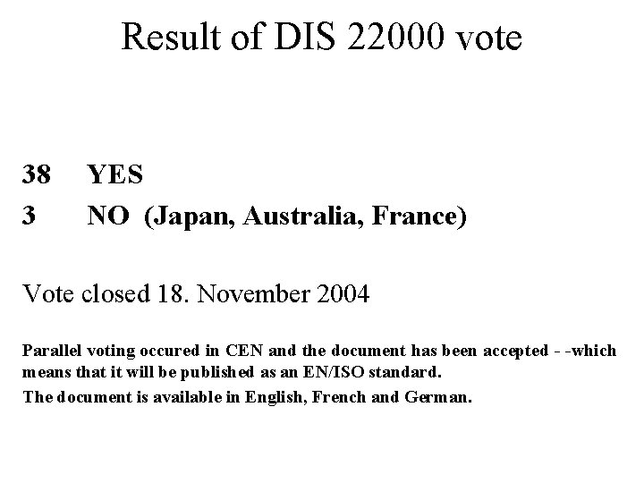 Result of DIS 22000 vote 38 3 YES NO (Japan, Australia, France) Vote closed