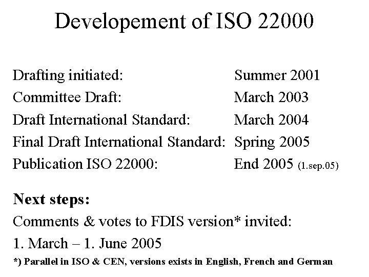 Developement of ISO 22000 Drafting initiated: Committee Draft: Draft International Standard: Final Draft International