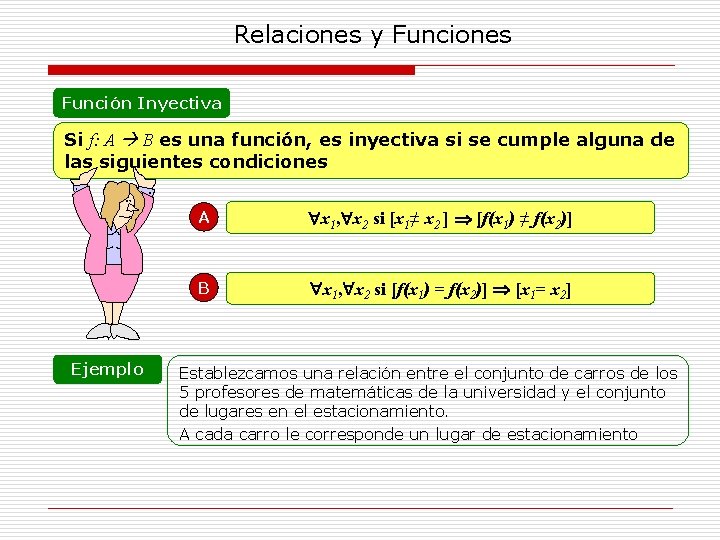 Relaciones y Funciones Función Inyectiva Si f: A B es una función, es inyectiva