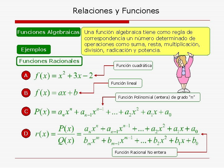 Relaciones y Funciones Algebraicas Una función algebraica tiene como regla de correspondencia un número