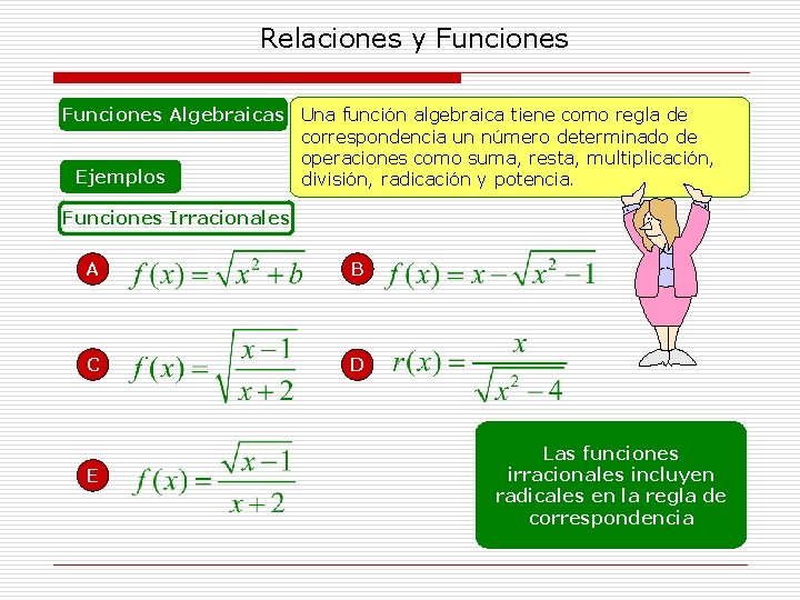 Relaciones y Funciones Algebraicas Una función algebraica tiene como regla de correspondencia un número