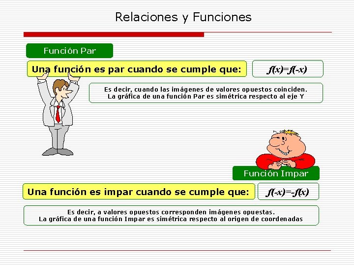 Relaciones y Funciones Función Par Una función es par cuando se cumple que: f(x)=f(-x)