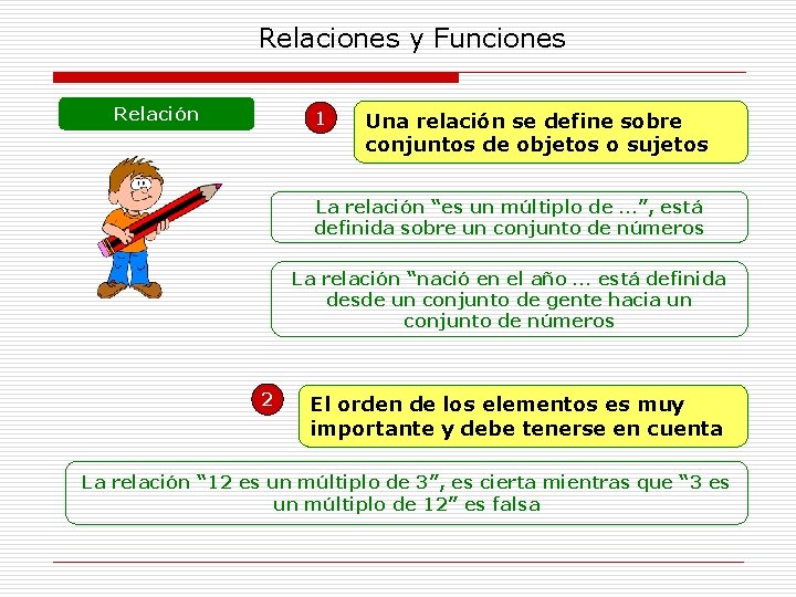 Relaciones y Funciones Relación 1 Una relación se define sobre conjuntos de objetos o