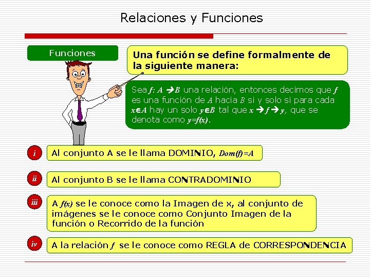 Relaciones y Funciones Una función se define formalmente de la siguiente manera: Sea f: