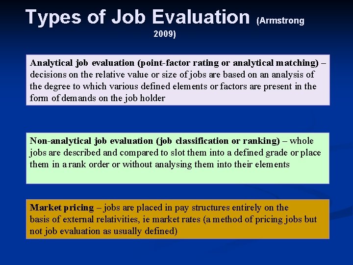 Types of Job Evaluation (Armstrong 2009) Analytical job evaluation (point-factor rating or analytical matching) Types of Job Evaluation (Armstrong 2009) Analytical job evaluation (point-factor rating or analytical matching)