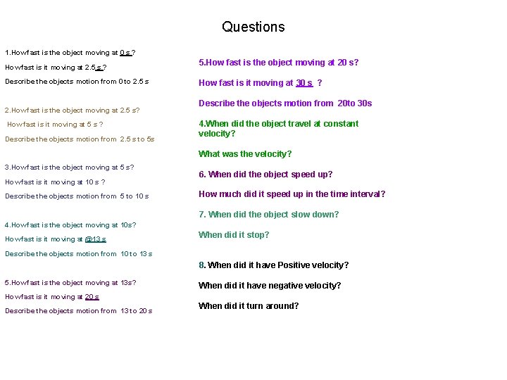 Questions 1. How fast is the object moving at 0 s ? How fast