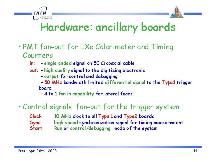 Hardware: ancillary boards • PMT fan-out for LXe Calorimeter and Timing Counters in: -