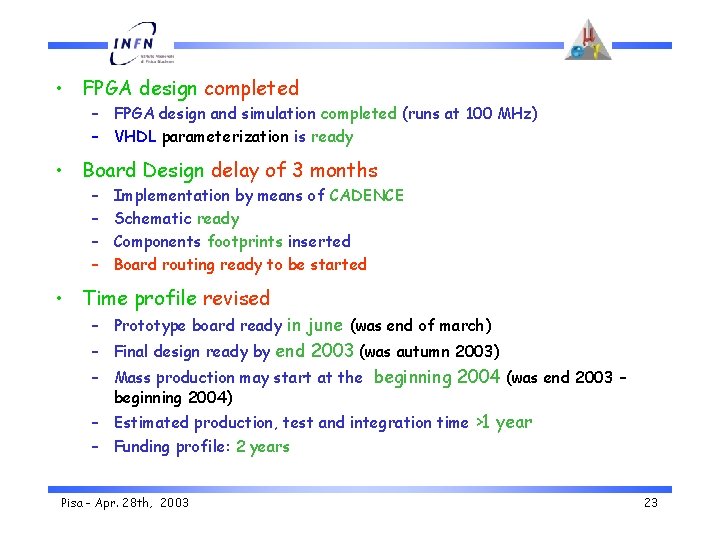  • FPGA design completed – FPGA design and simulation completed (runs at 100