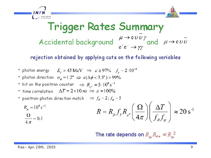 Trigger Rates Summary Accidental background and rejection obtained by applying cuts on the following