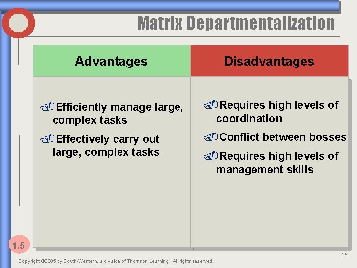 Matrix Departmentalization Advantages Disadvantages . Efficiently manage large, complex tasks . Requires high levels