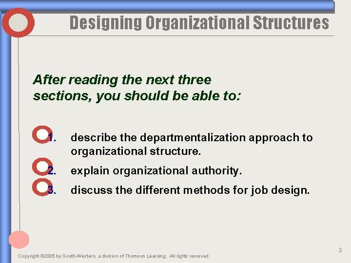 Designing Organizational Structures After reading the next three sections, you should be able to: