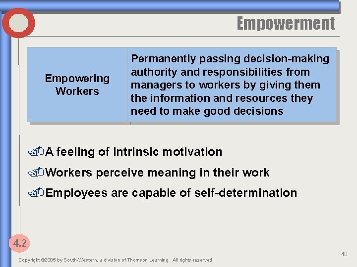 Empowerment Empowering Workers Permanently passing decision-making authority and responsibilities from managers to workers by