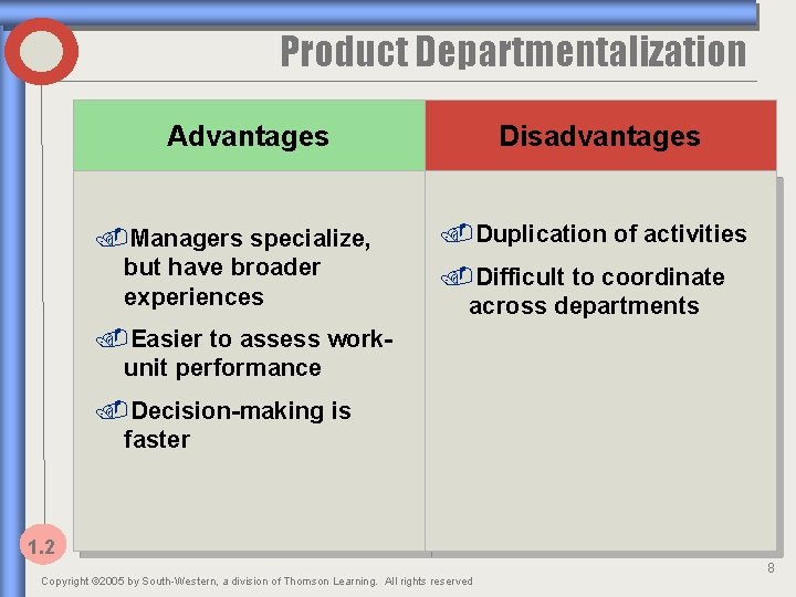 Product Departmentalization Advantages . Managers specialize, but have broader experiences Disadvantages. Duplication of activities.