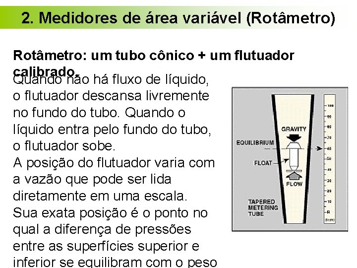 2. Medidores de área variável (Rotâmetro) Rotâmetro: um tubo cônico + um flutuador calibrado. 2. Medidores de área variável (Rotâmetro) Rotâmetro: um tubo cônico + um flutuador calibrado.