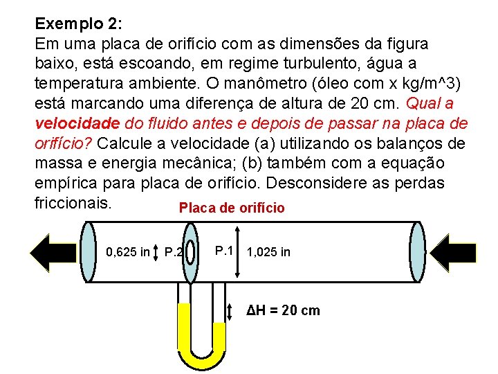Exemplo 2: Em uma placa de orifício com as dimensões da figura baixo, está Exemplo 2: Em uma placa de orifício com as dimensões da figura baixo, está