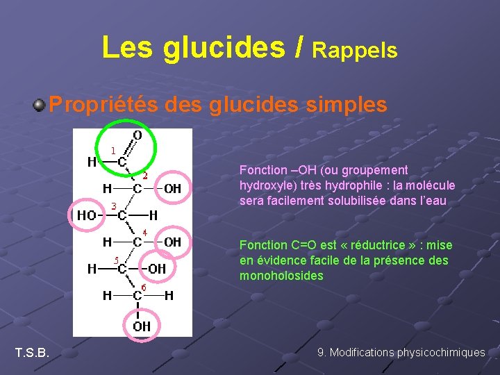 Les glucides / Rappels Propriétés des glucides simples Fonction –OH (ou groupement hydroxyle) très