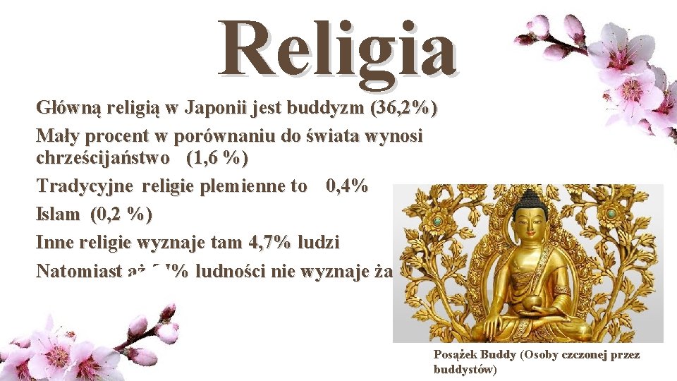 Religia Główną religią w Japonii jest buddyzm (36, 2%) Mały procent w porównaniu do