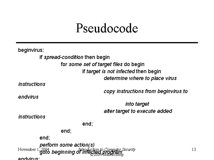 Pseudocode beginvirus: if spread-condition then begin for some set of target files do begin