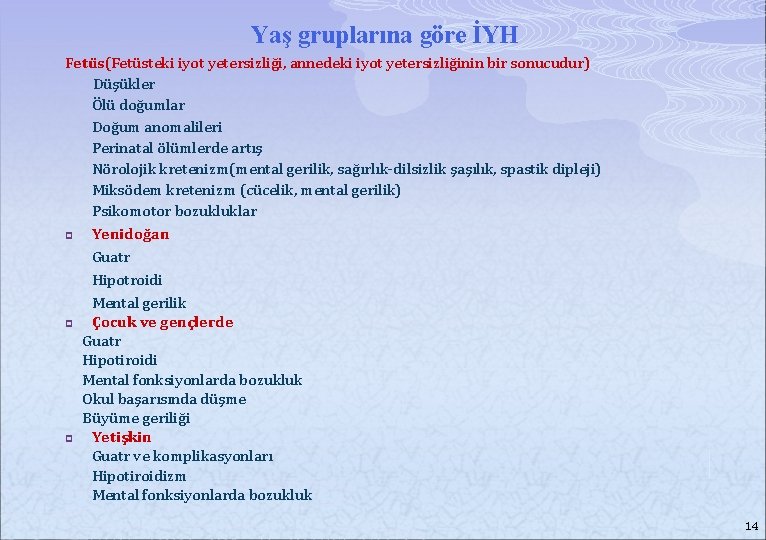 Yaş gruplarına göre İYH Fetüs(Fetüsteki iyot yetersizliği, annedeki iyot yetersizliğinin bir sonucudur) Düşükler Ölü