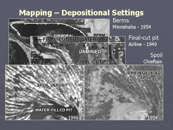 Mapping – Depositional Settings Berms Minnehaha - 1954 Final-cut pit Airline - 1949 Spoil