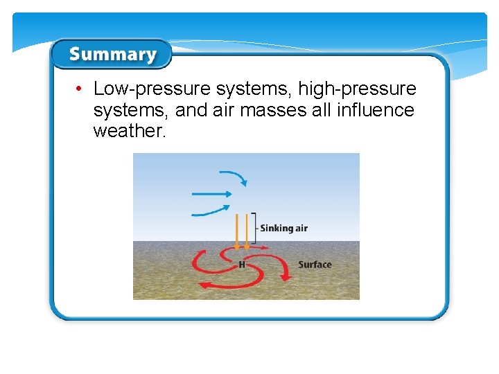  • Low-pressure systems, high-pressure systems, and air masses all influence weather. 