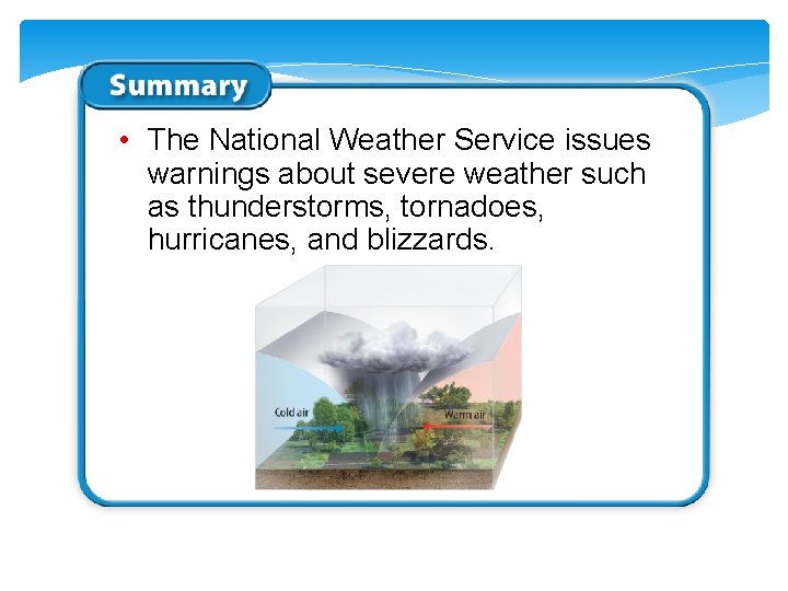  • The National Weather Service issues warnings about severe weather such as thunderstorms,