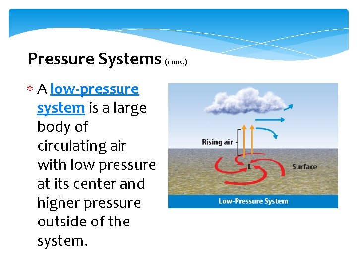 Pressure Systems (cont. ) A low-pressure system is a large body of circulating air