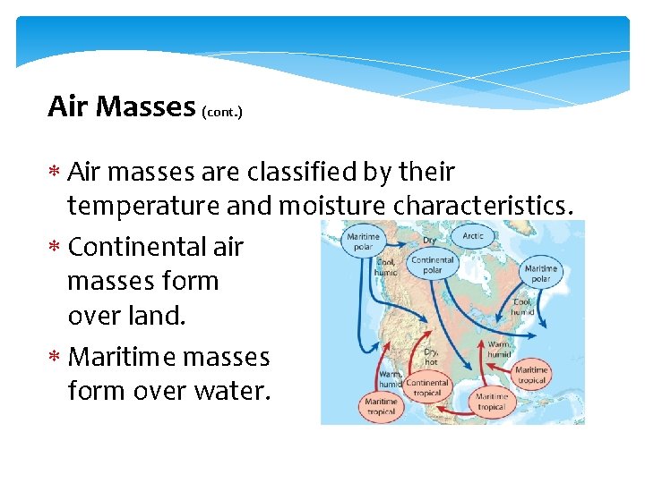 Air Masses (cont. ) Air masses are classified by their temperature and moisture characteristics.