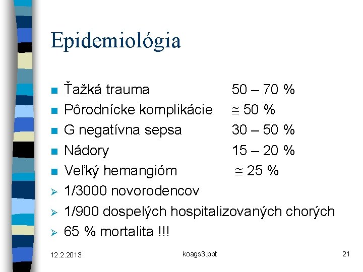 Epidemiológia n n n Ø Ø Ø Ťažká trauma 50 – 70 % Pôrodnícke