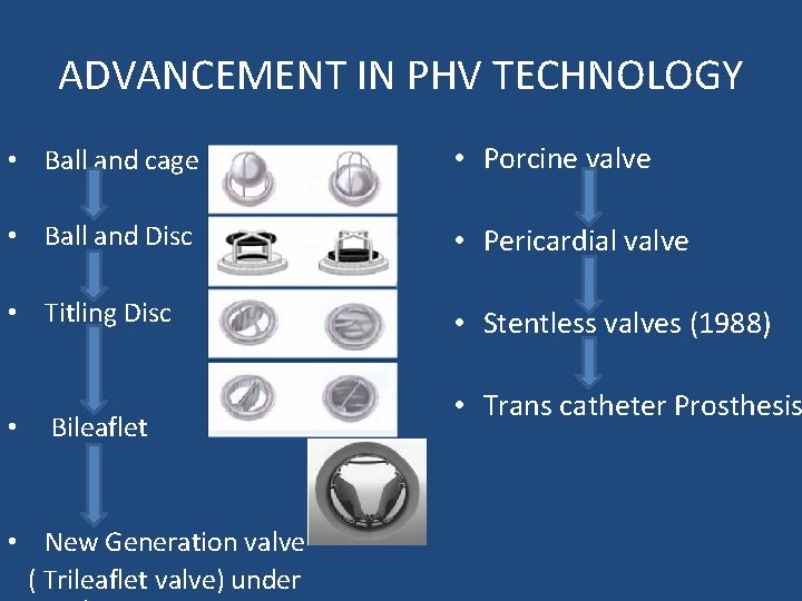ADVANCEMENT IN PHV TECHNOLOGY • Ball and cage • Porcine valve • Ball and