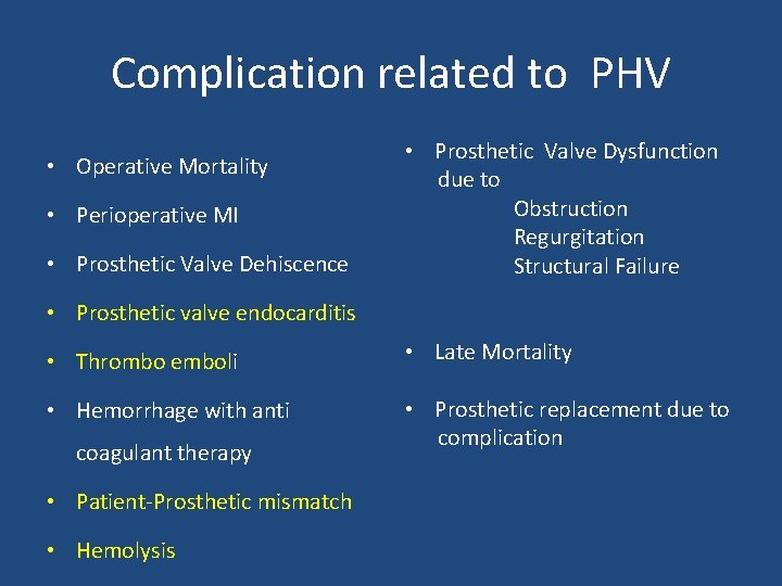 Complication related to PHV • Operative Mortality • Perioperative MI • Prosthetic Valve Dehiscence