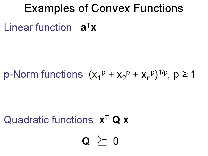 Examples of Convex Functions Linear function a. Tx p-Norm functions (x 1 p +
