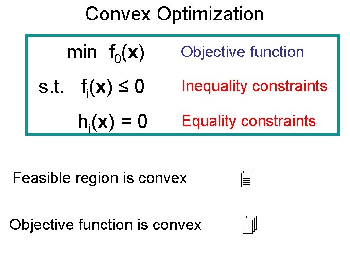 Convex Optimization min f 0(x) s. t. fi(x) ≤ 0 hi(x) = 0 Objective