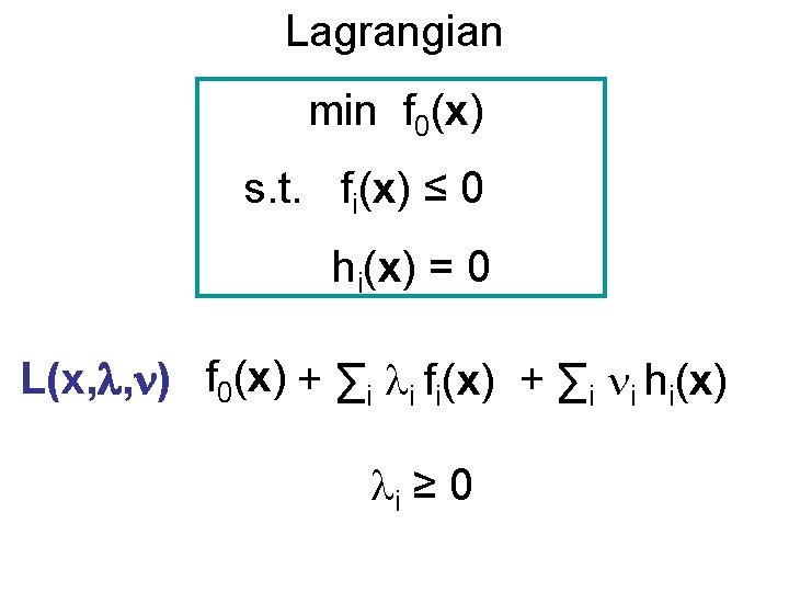 Lagrangian min f 0(x) s. t. fi(x) ≤ 0 hi(x) = 0 L(x, ,