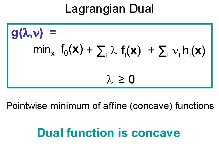 Lagrangian Dual g( , ) = minx f 0(x) + ∑i i fi(x) +