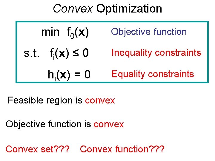 Convex Optimization min f 0(x) s. t. fi(x) ≤ 0 hi(x) = 0 Objective