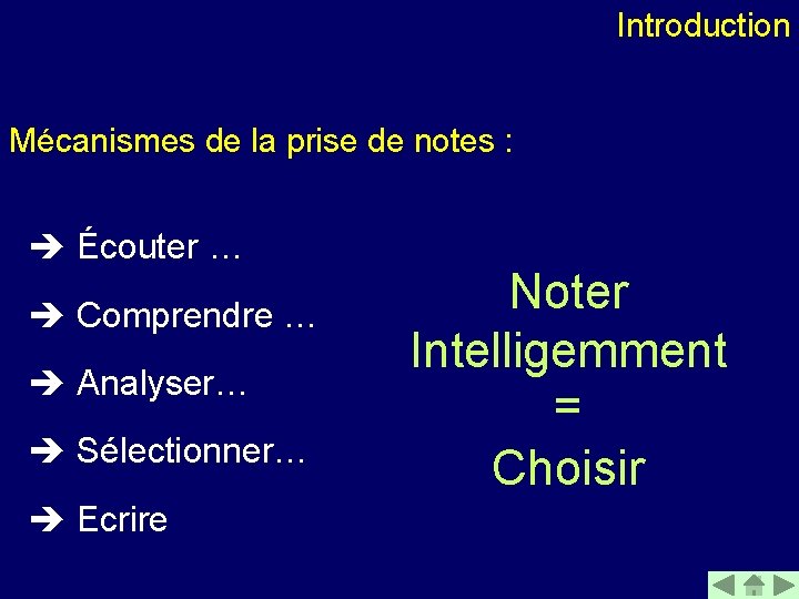 Introduction Mécanismes de la prise de notes : Écouter … Comprendre … Analyser… Sélectionner…