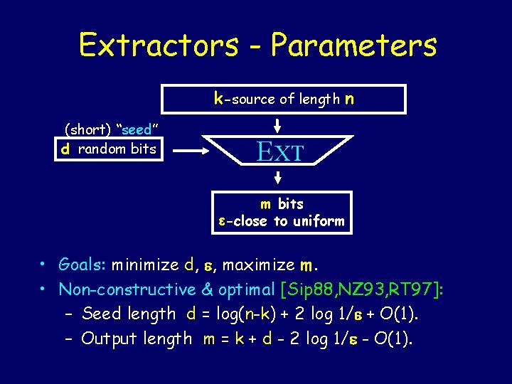 Extractors - Parameters k-source of length n (short) “seed” d random bits EXT m Extractors - Parameters k-source of length n (short) “seed” d random bits EXT m