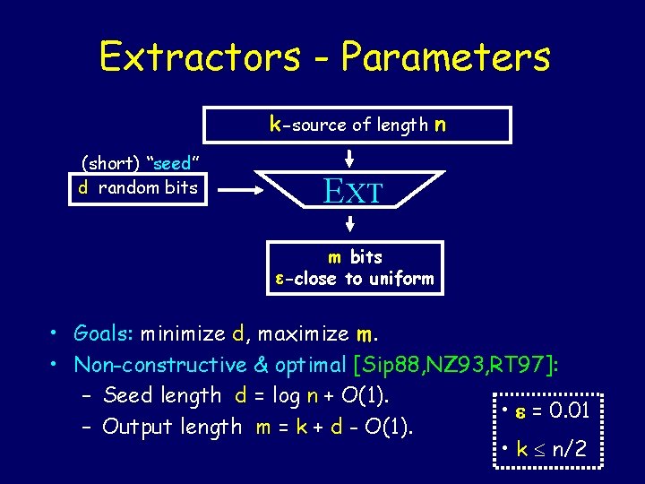 Extractors - Parameters k-source of length n (short) “seed” d random bits EXT m Extractors - Parameters k-source of length n (short) “seed” d random bits EXT m