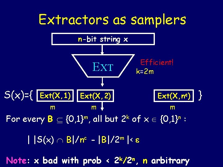 Extractors as samplers n-bit string x EXT S(x)={ Ext(X, 1) m Efficient! k=2 m Extractors as samplers n-bit string x EXT S(x)={ Ext(X, 1) m Efficient! k=2 m